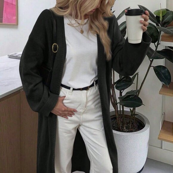 Black casual womens open front knit sweater cardigan - Picture 8 of 9